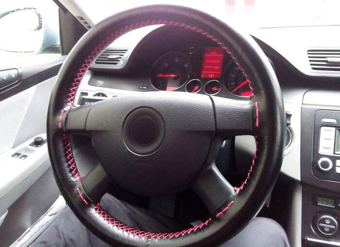 FULLY PARK Universal Steering Wheel Cover Genuine Leather Stitch on Wrap (Size M, Black)
