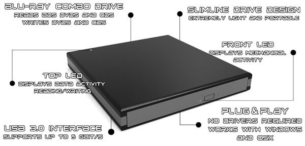 Firstcom USB 3.0 Blu Ray Combo Drive DVD Burner/Writer External Slim Portable